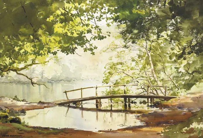 PARK LAKE WITH BRIDGE by Frank Egginton, watercolour, sold Oct 2010