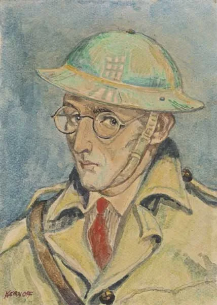Harry Kernoff, SELF PORTRAIT IN TIN HAT, 1940, watercolour over pencil