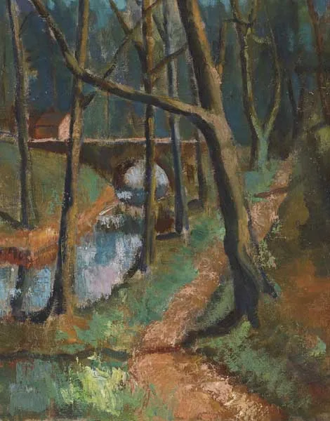 RIVERSIDE PATH WITH TREES AND BRIDGE by Sidney Smith, 1940-44, oil on canvas, sold Oct 2010