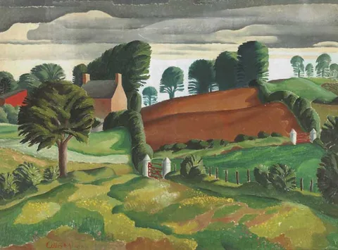 Colin Middleton, COASTAL LANDSCAPE WITH TREES AND COTTAGE, 1937, oil on canvas