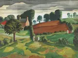 Colin Middleton, COASTAL LANDSCAPE WITH TREES AND COTTAGE