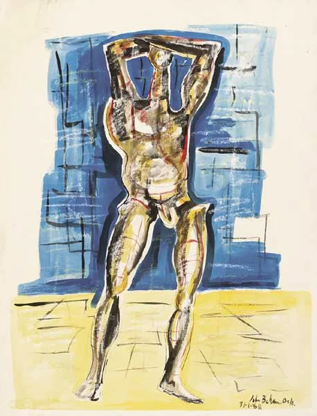 STANDING FIGURE WITH ELEVATED ARM by John Behan, 1968, pen and ink with gouache and pastel on buff-coloured paper, offered Oct 2010