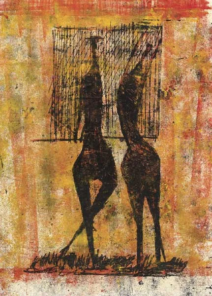 (UNTITLED) TWO FIGURES by Edward Delaney, oil with ink and crayon on paper, offered Oct 2010