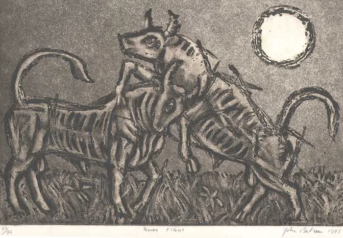 John Behan, BULL FIGHT, 1978, STILL LIFE WITH BOTTLES, 1967 and SEATED FIGURE, 1966, etching(the first,no.72 from an edition of 75; second, no. 5 from 12; third, no.1 from 12) (all unframed)