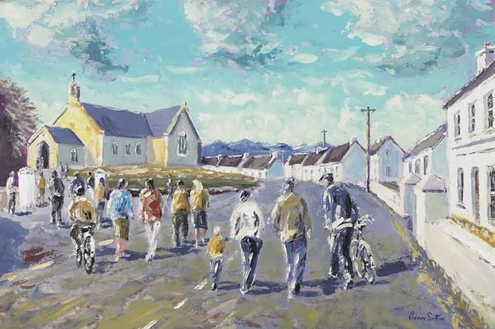 GOING TO MASS, ROUNDSTONE, COUNTY GALWAY by Ivan Sutton, oil on canvas board, sold Oct 2010