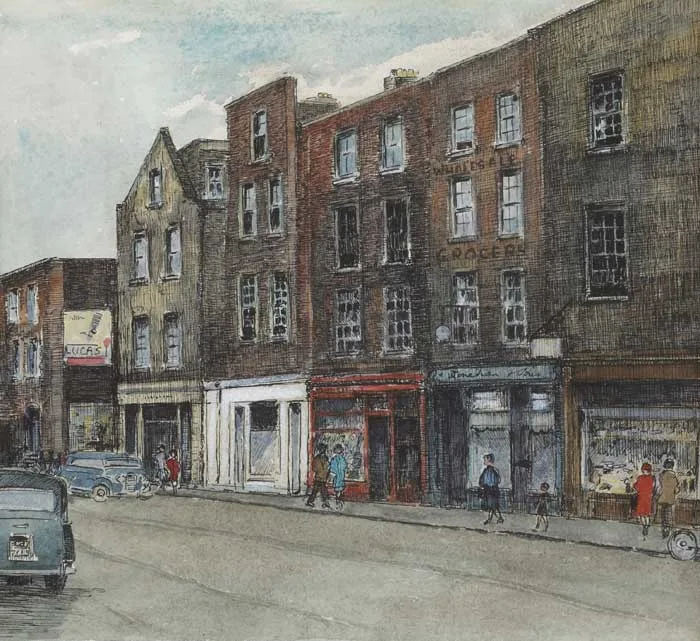 AUNGIER STREET, DUBLIN by Flora Mitchell, 1966, pen and ink with watercolour, sold Oct 2010