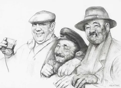 Seán Keating, JOCOSE, BELLICOSE, LACHRYMOSE, 1973, charcoal and pencil, highlighted with gouache
