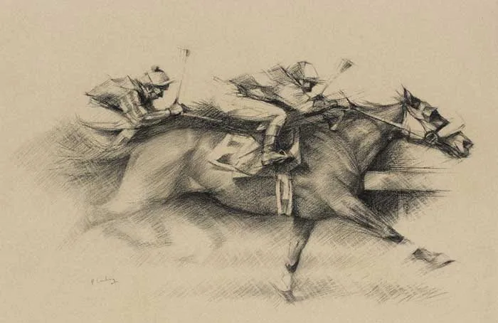 GOING TO THE WIRE by Peter Curling, c.1995, charcoal on buff-coloured paper, offered Oct 2010