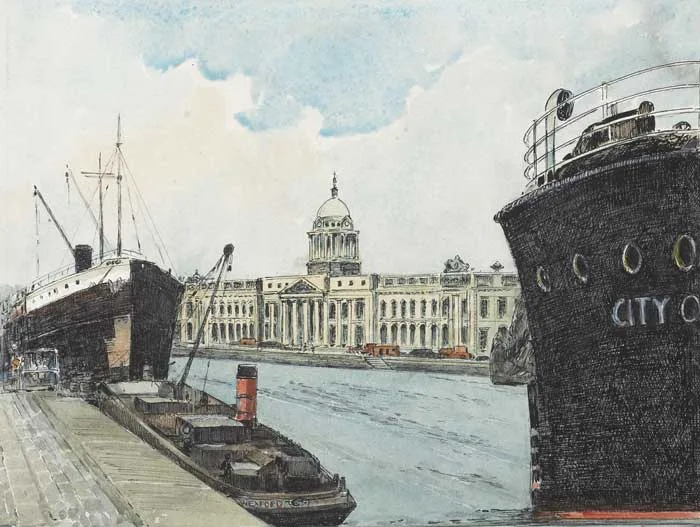 THE CUSTOMS HOUSE, DUBLIN by Flora Mitchell, pencil and ink with watercolour, sold Oct 2010