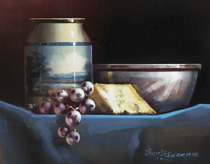 STILL LIFE WITH CHEESE by David Ffrench le Roy, oil on board, sold Oct 2010