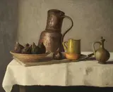 Stuart Morle, STILL LIFE WITH FIGS, CHEESE AND COPPER JUG