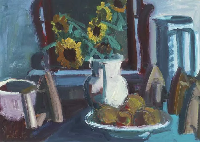 SUNFLOWERS AND IRONS by Brian Ballard, oil on canvas, sold Oct 2010