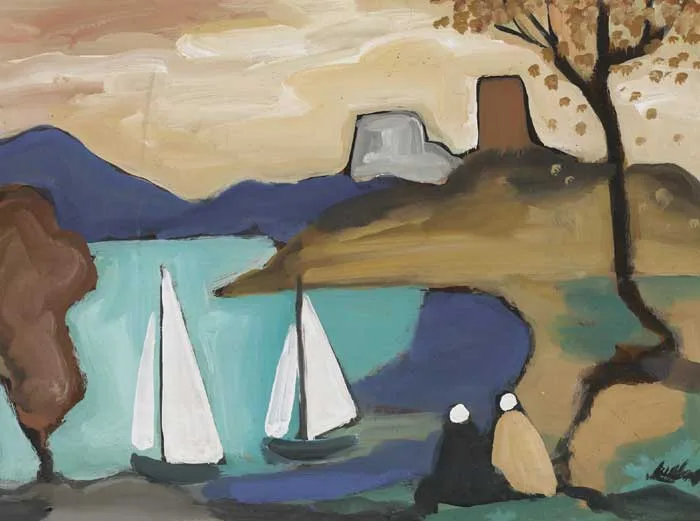 LANDSCAPE WITH FIGURES AND MARTELLO TOWER by Markey Robinson, oil on board, sold Oct 2010