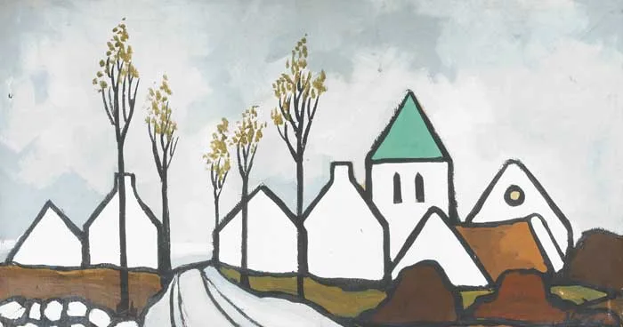 VILLAGE IN WINTER by Markey Robinson, gouache on board, sold Oct 2010