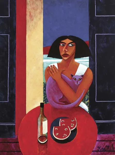LADY WITH A LILAC CAT by Graham Knuttel, oil on canvas, sold Oct 2010