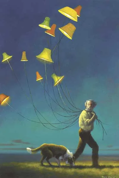 MAN WITH LAMP BALLOONS by Jimmy Lawlor, oil on board, sold Oct 2010