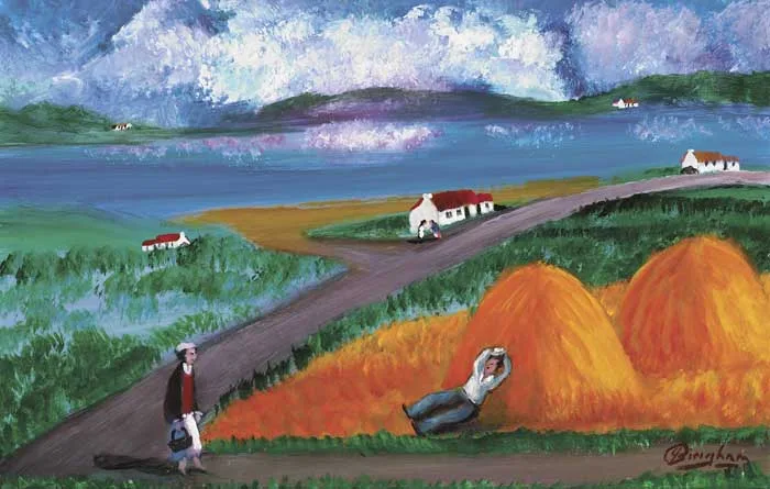 FIGURES AND HAYSTACKS by James Bingham, oil on board, offered Oct 2010