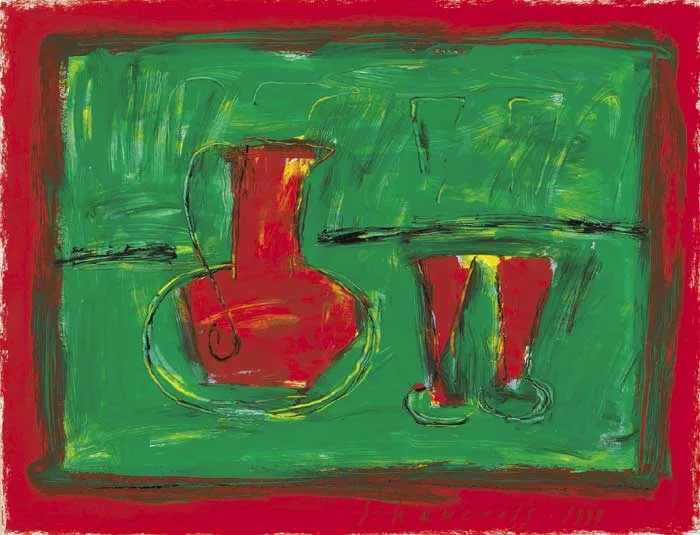 DECANTER AND TWO GLASSES by Neil Shawcross, 1998, acrylic on board, sold Oct 2010
