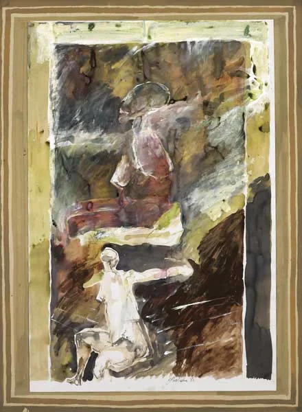 Patrick Graham, FIGURE STUDY, 1981, ink with watercolour on paper laid on painters card mount