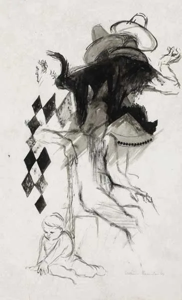 William Harrington, SEATED FIGURE WITH HORSE'S HEAD AND CHILD, 1965, ink with wash on paper