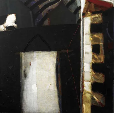 John Shinnors, SCARECROW IN LANDSCAPE WITH KITE, 1998, oil on canvas on panel