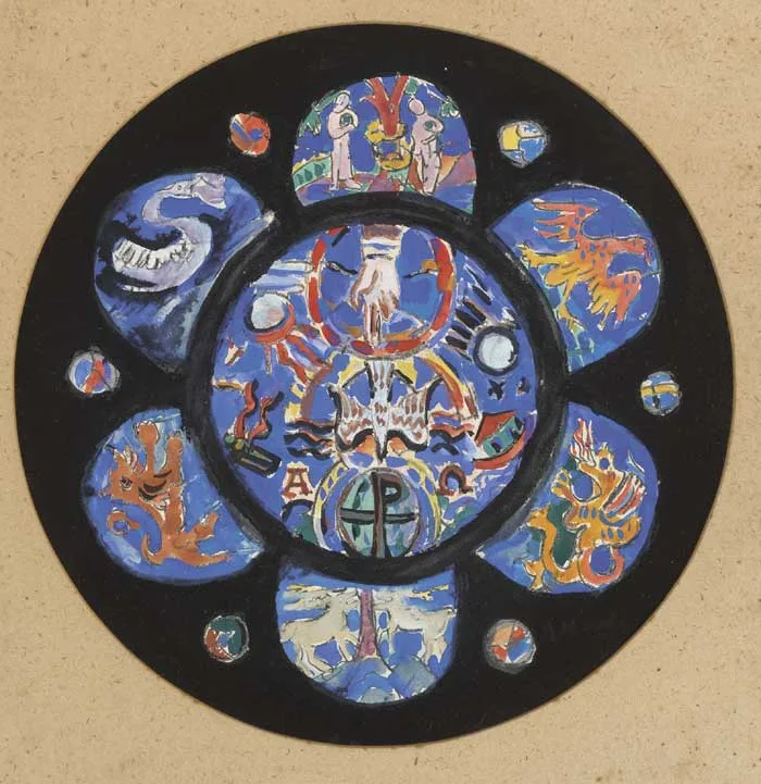 CREATION - ORIGINAL DESIGN FOR ROSE WINDOW, LOUGHREA CATHEDRAL, COUNTY GALWAY by Evie Hone, gouache over pencil (tondo), sold May 2010