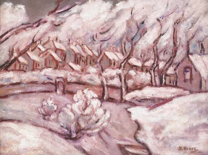 SNOW AT RATHGAR by Grace Henry, oil on masonite board, sold May 2010
