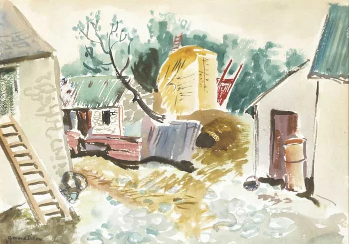 FARMYARD WITH HAYRICK by Gerard Dillon, watercolour, sold May 2010