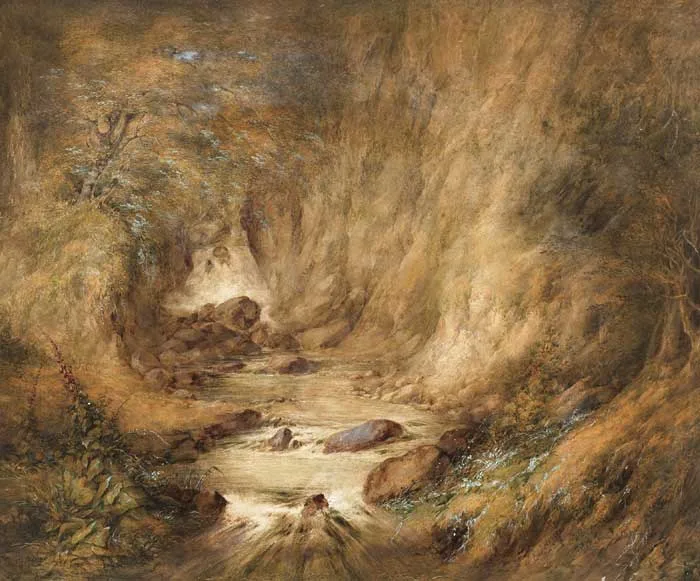 FOREST GLADE WITH WATERFALL by Edwin Hayes, watercolour with gouache, sold May 2010