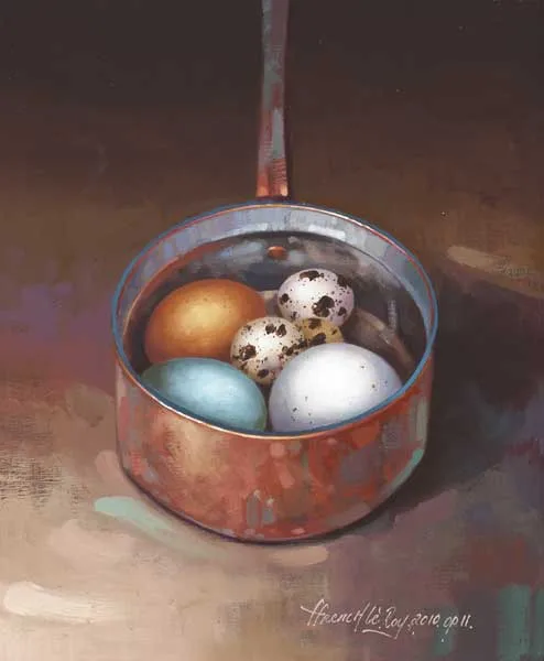 DUCK EGGS IN COPPER POT by David Ffrench le Roy, 2010, oil on board, sold May 2010