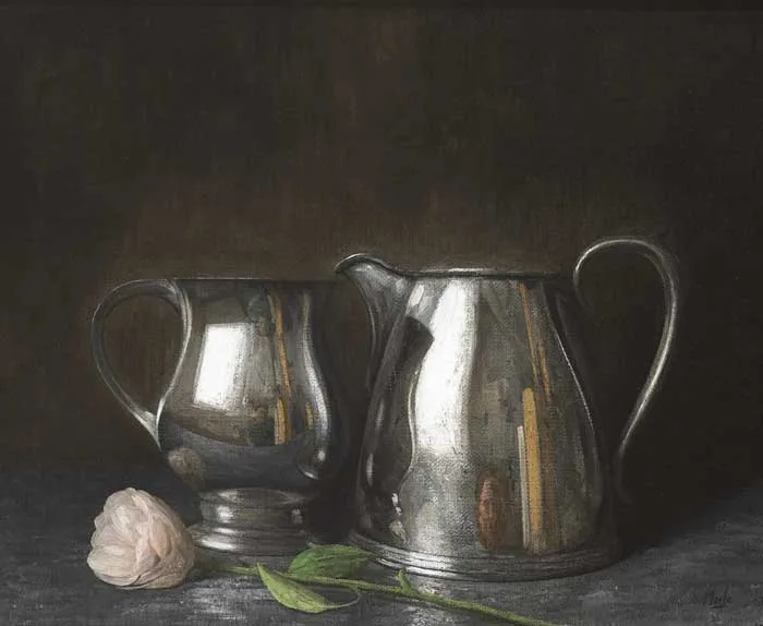 Stuart Morle, SILVERWARE AND ROSE, oil on canvas laid on board