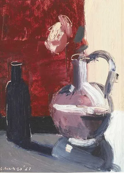 BLUE BOTTLE AND ROSE by Brian Ballard, 1987, oil on board, sold May 2010