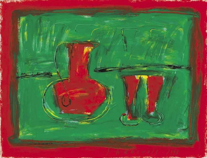 DECANTER AND TWO GLASSES by Neil Shawcross, 1998, acrylic on paper, offered May 2010