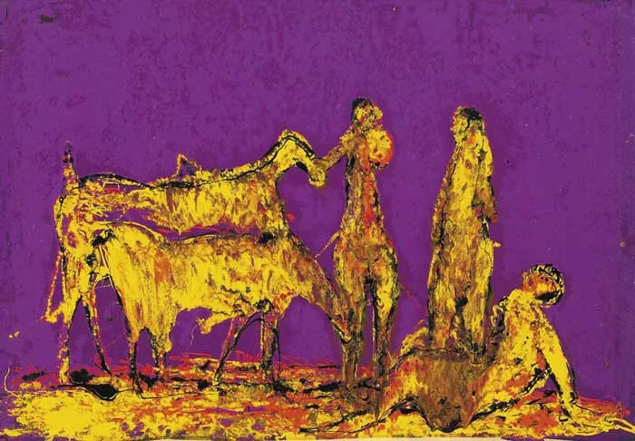FIGURES AND HORSES by Edward Delaney, oil on board, sold May 2010