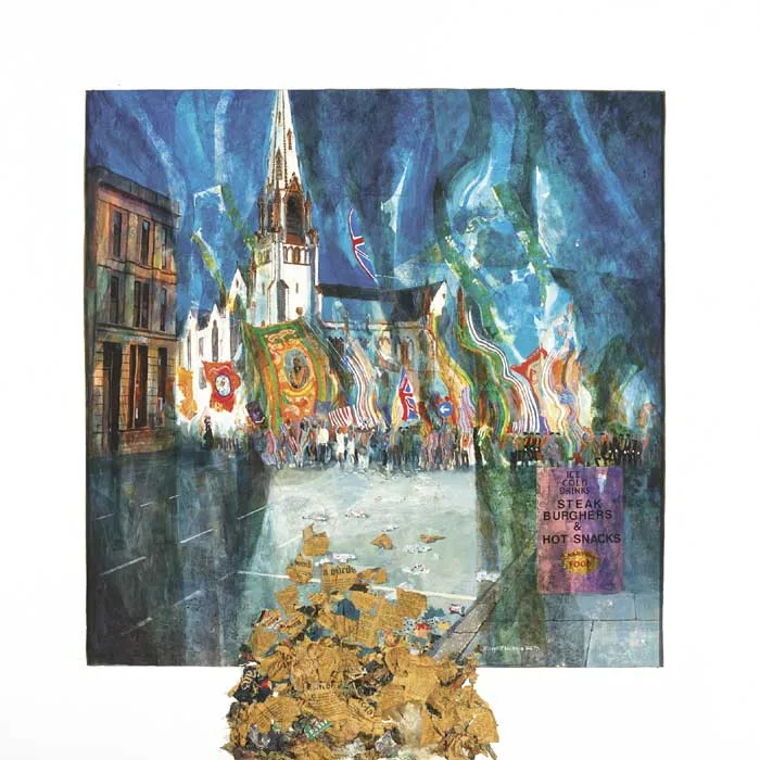 ORANGEMEN, CARLISLE CIRCUS by Joseph McWilliams, 1979, acrylic with collage on board, offered May 2010