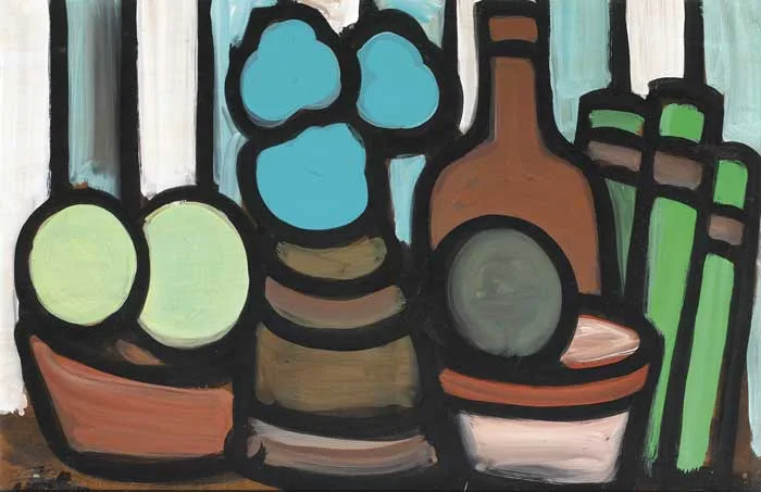 STILL LIFE WITH BOTTLES by Markey Robinson, oil on board, offered May 2010
