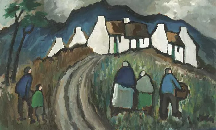 VILLAGERS AND COTTAGES by Markey Robinson, oil on board, sold May 2010