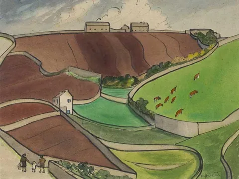 CAPE CORNWALL, APRIL 1941 by Medora Heather Bent, ink and gouache on buff-coloured card, offered Mar 2010
