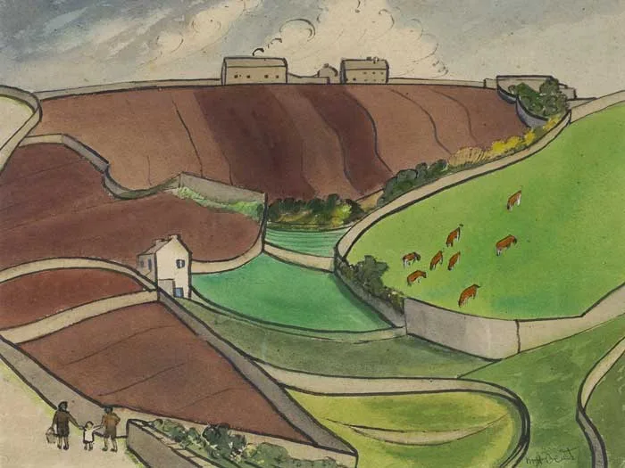 CAPE CORNWALL, APRIL 1941 by Medora Heather Bent, ink and gouache on buff-coloured card, offered Mar 2010