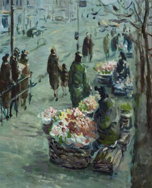 DUBLIN FLOWER SELLERS by George Campbell, oil on board, offered Mar 2010