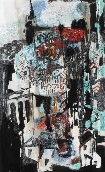 CATHEDRAL TOWN by George Campbell, 1962, ink and gouache with oil pastel on paper, sold Mar 2010