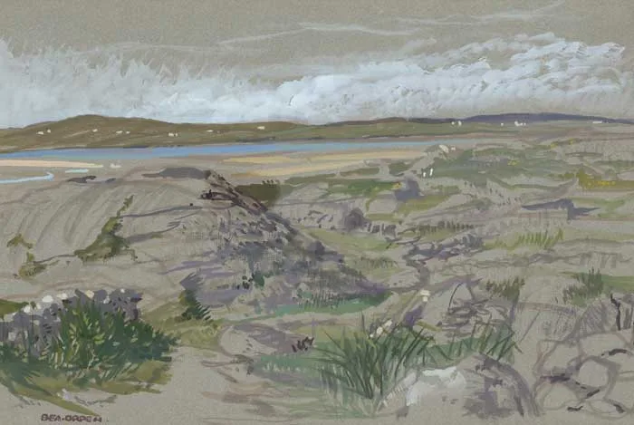 LANDSCAPE, POSSIBLY COUNTY KERRY by Bea Orpen, 1964, gouache heightened with white on tinted paper, sold Mar 2010
