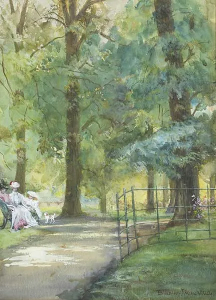 Blanche F. MacArthur, RESTING BY THE PARK PATH, watercolour heightened with white