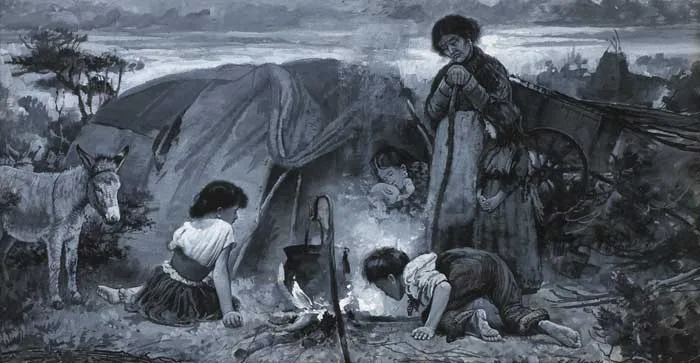 Charles G. Hards, TRAVELLER CHILDREN AND MOTHER AT FIRESIDE, gouache