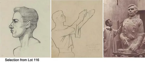 A COLLECTION OF THIRTY-SEVEN ITEMS INCLUDING ARTWORK, LETTERS & CORRESPONDENCE (1937-1953) by Laurence Campbell, pencil, crayon and pen on paper (35 of which unframed, one framed); one catalogue of Campbell at work on his statue for , sold Mar 2010
