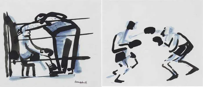 BOXERS (A PAIR) by George Campbell, ink and gouache on paper; (framed as one), sold Mar 2010