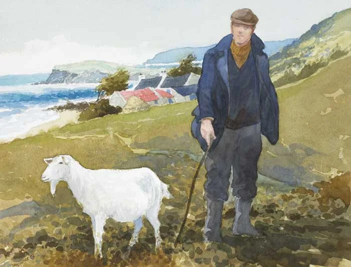 MAN WITH A GOAT, ANTRIM COAST by James MacIntyre, 1989, watercolour over pencil, sold Mar 2010