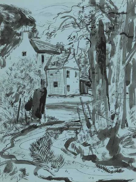 HERDSMAN'S FARM by James MacIntyre, 1954, pen and ink on tinted paper, sold Mar 2010