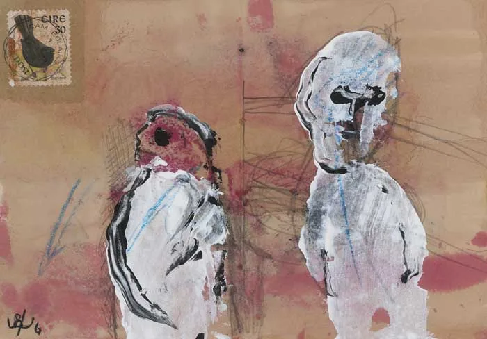 TWO FIGURES WITH BLACKBIRD STAMP by John Kingerlee, 1999, oil, gouache and pencil with collage on paper, sold Mar 2010