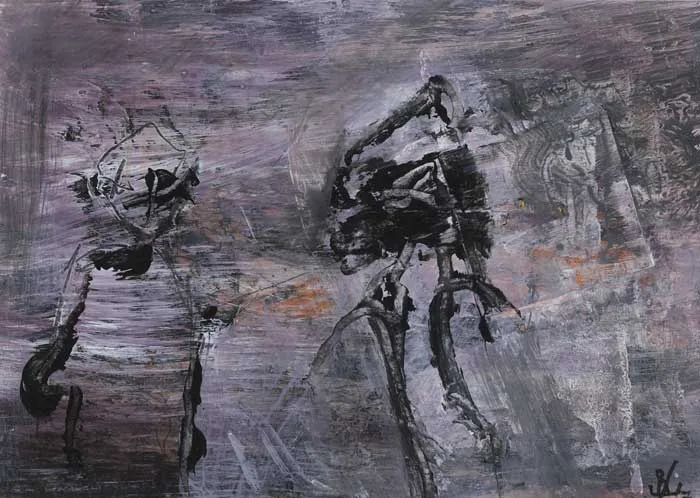 TWO FIGURES WITH MAUVE BACKDROP by John Kingerlee, oil, gouache and pencil with collage on paper, sold Mar 2010